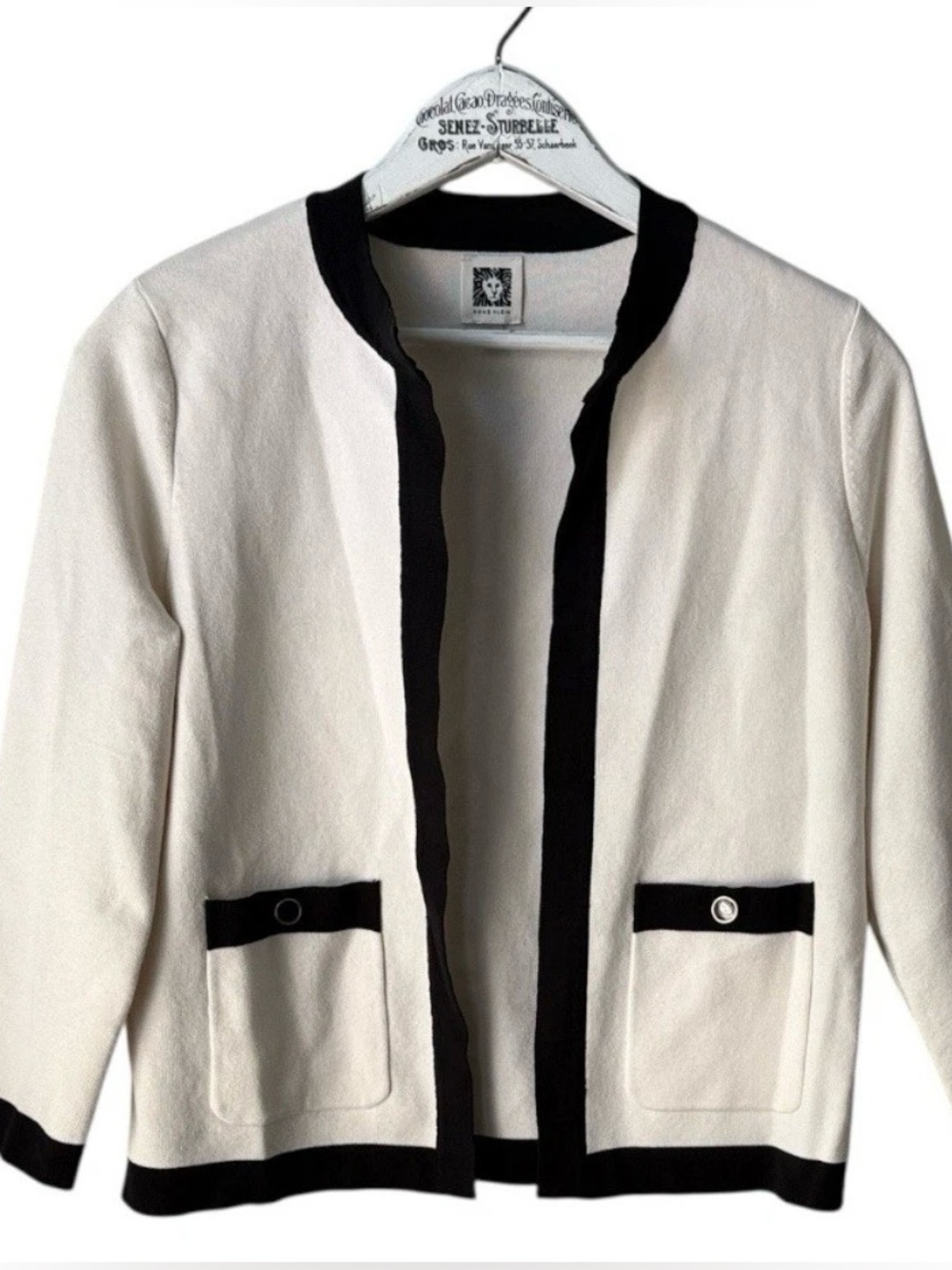 Anne Klein Open Front Cardigan  Black-Trim Cream Cardigan Size XXS